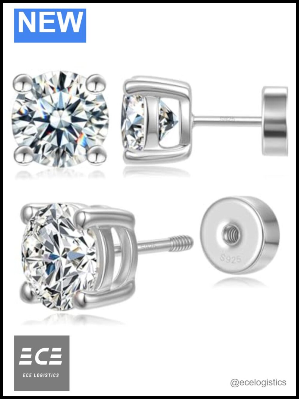 Moissanite Stud Earrings Flat Back 925 Sterling Silver Sleep Studs 18K White